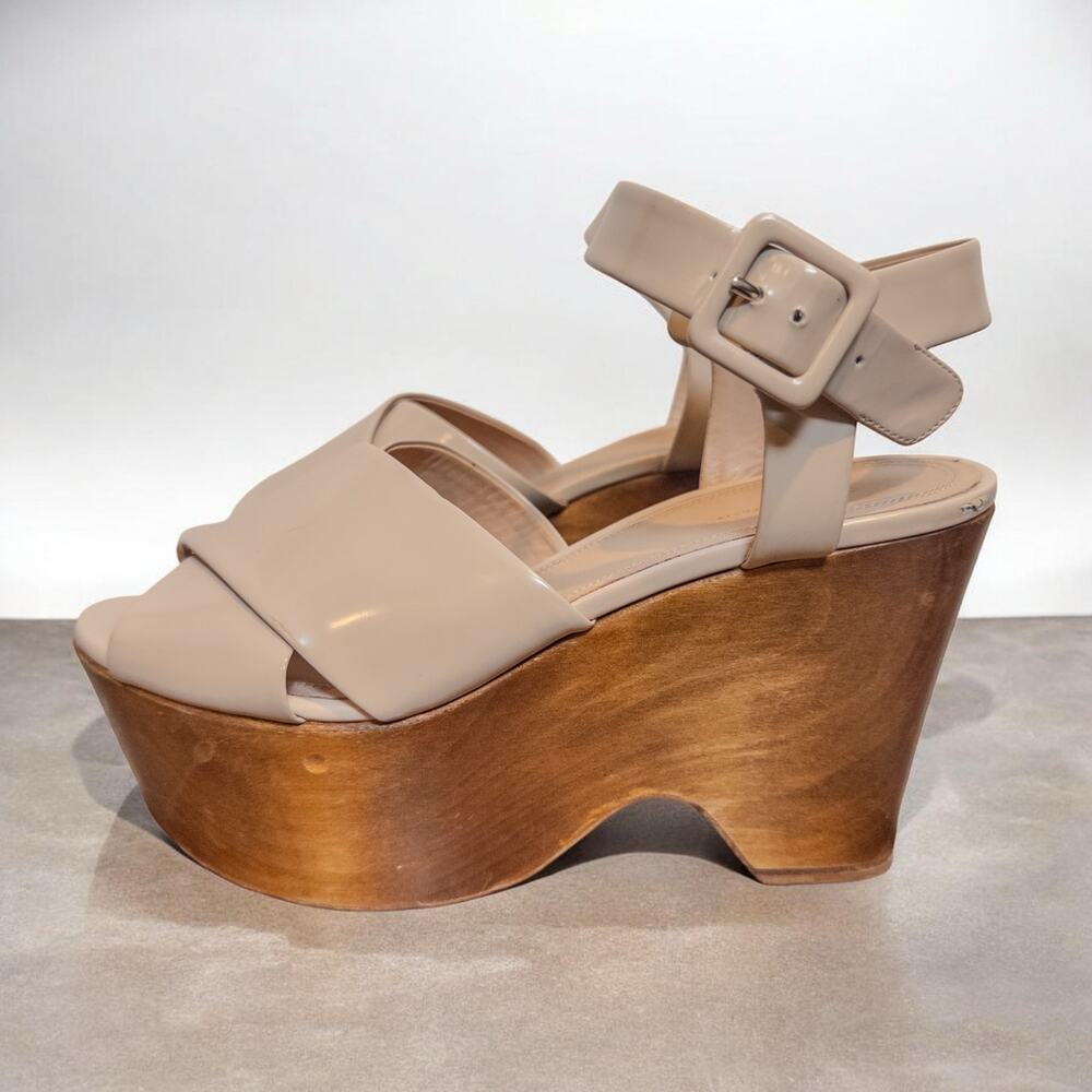 Celine Paris Wooden Platform Wedge Sandals Size 37 Beige Leather Made in Italy
